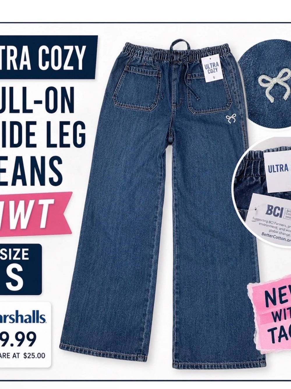 Marshalls Dark Blue Pull-On Wide Leg Jeans